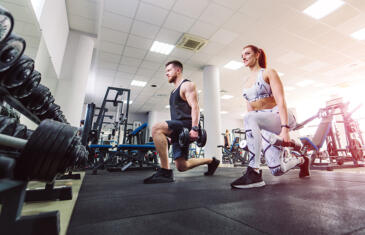 Member retention couple in gym dumbbell lunges freepik stock column