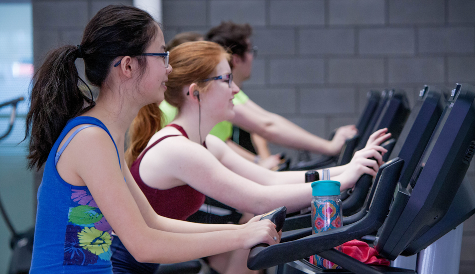 Women In Gym On Bikes Column Width